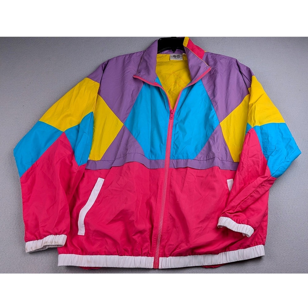Funny Guy Mugs 80s Retro Color Block Windbreaker Jacket Pink Yellow Teal Large